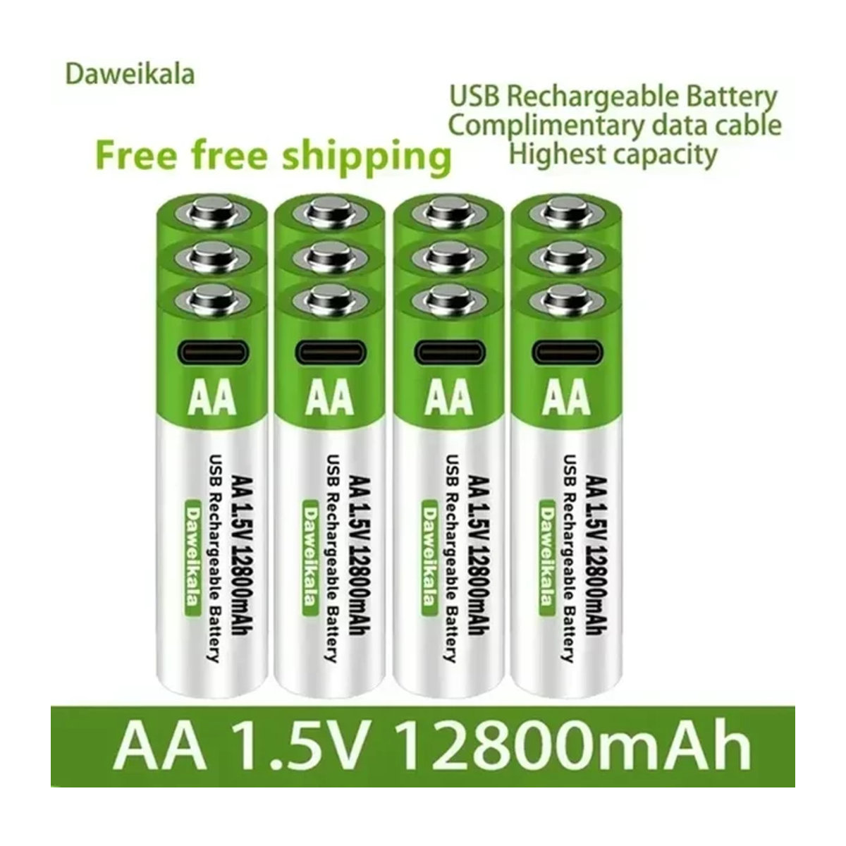 DAWEIKALA 1,5 V USB AA Akku 12800 mAh Li-Ionen-Akku mit Typ-C-Kabel in Grün - Bild 1
