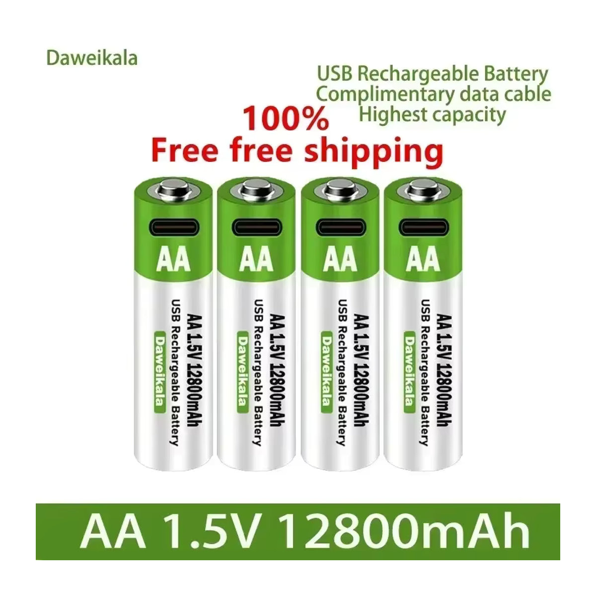 DAWEIKALA 1,5 V USB AA Akku 12800 mAh Li-Ionen-Akku mit Typ-C-Kabel in Grün - Bild 3