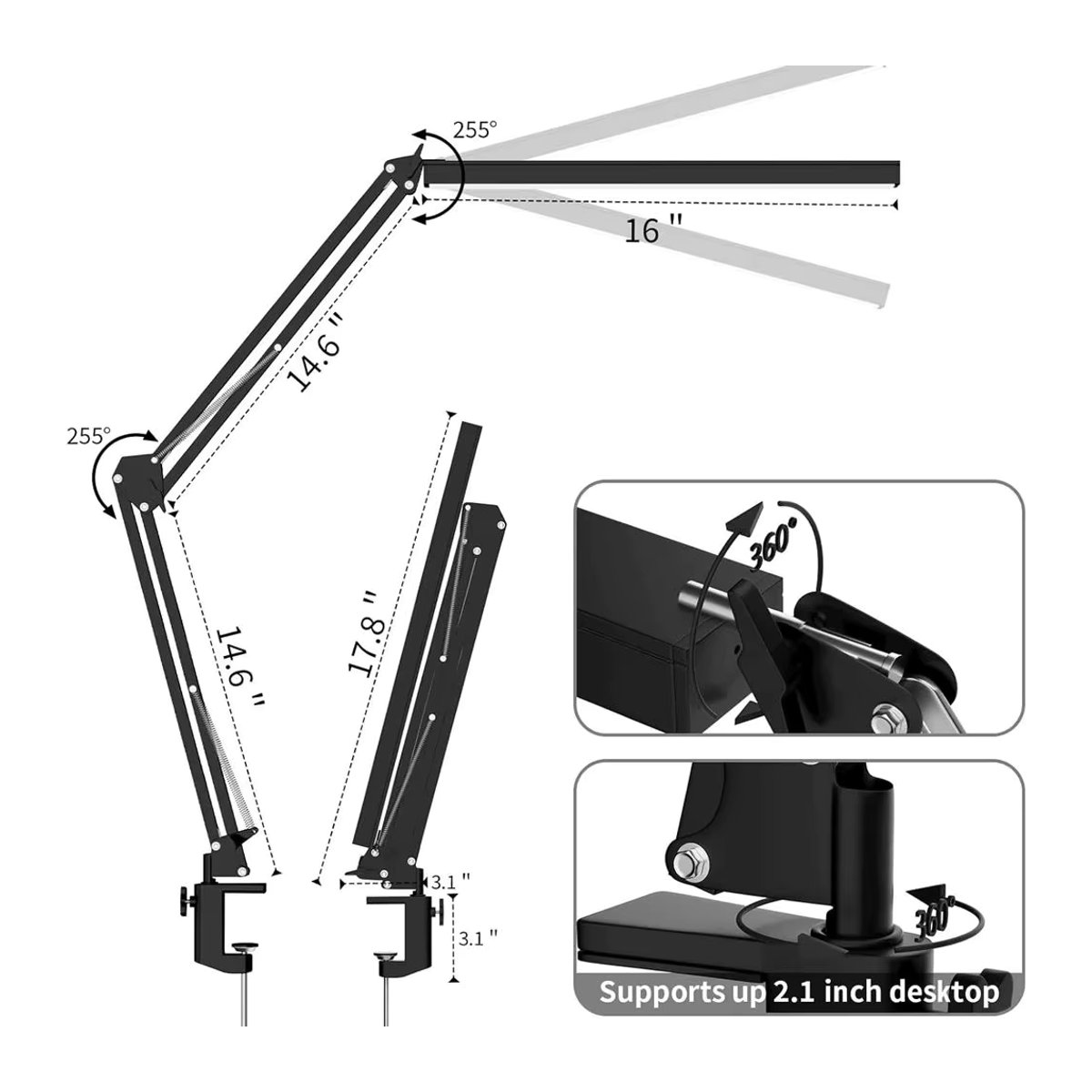 DBF LED-Schreibtischlampe in Schwarz mit 3 Farben und 10 Helligkeitsstufen für Maniküre und Büro - Bild 3