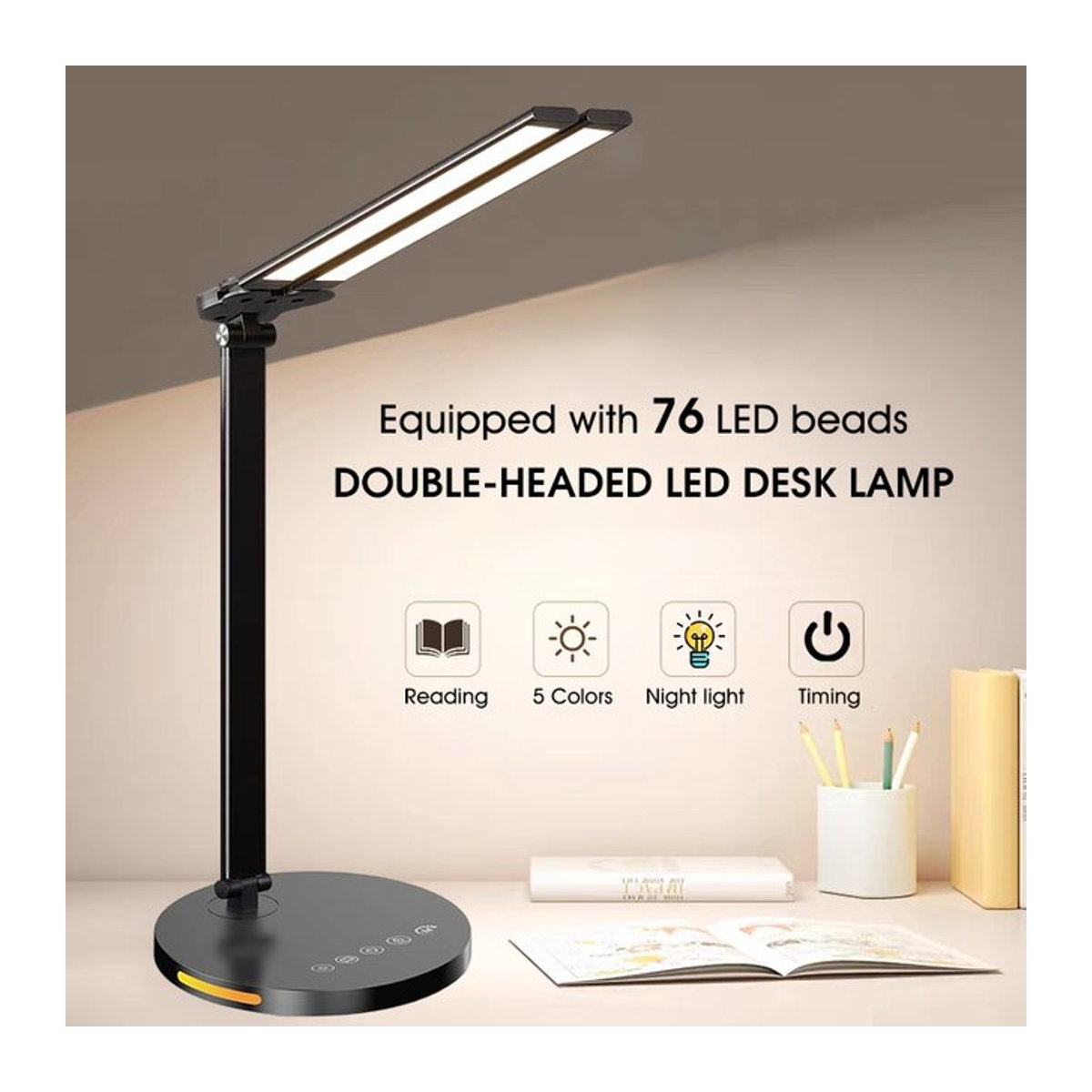DBF LED Schreibtischlampe in Schwarz mit doppeltem Schwenkarm und USB-Ladeanschluss für dein Heimbüro - Bild 1