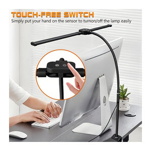 DBF LED Schreibtischlampe Schwarz mit 10 W, augenschonende Klemmlampe mit 5-farbiger stufenloser Dimmung, flexibler Schwanenhals und Touch-Steuerung