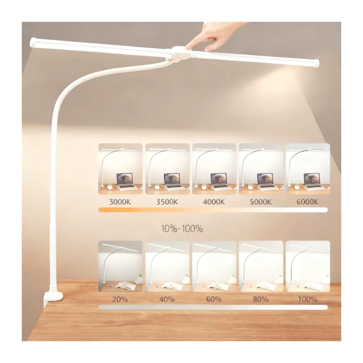 DBF LED Schreibtischlampe Schwarz mit 10 W, augenschonende Klemmlampe mit 5-farbiger stufenloser Dimmung, flexibler Schwanenhals und Touch-Steuerung - Bild 2