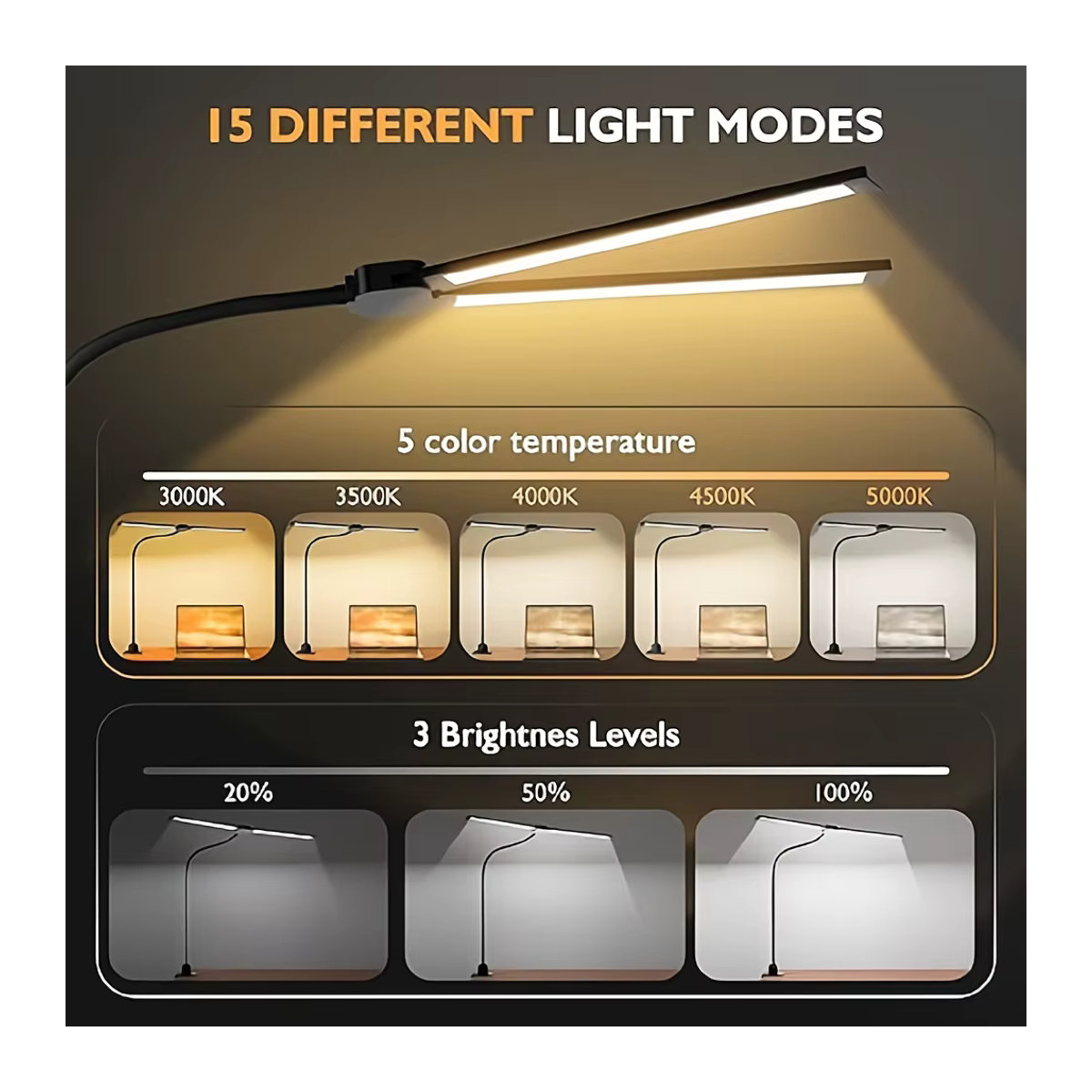 DBF LED Schreibtischlampe Schwarz mit 10 W, augenschonende Klemmlampe mit 5-farbiger stufenloser Dimmung, flexibler Schwanenhals und Touch-Steuerung - Bild 3