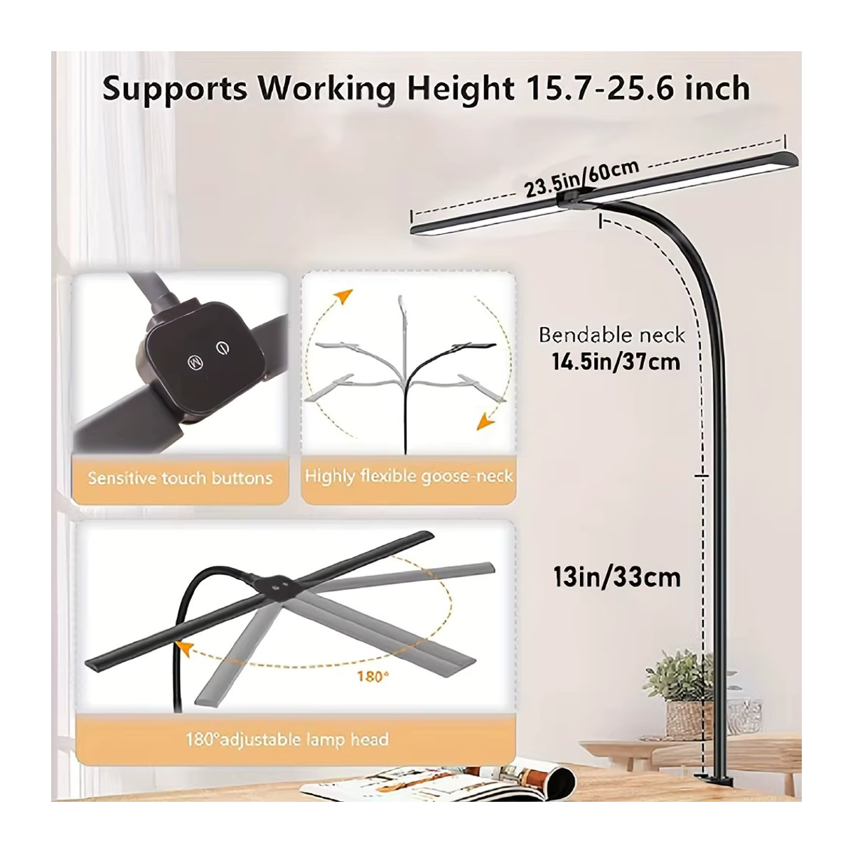 DBF LED Schreibtischlampe Schwarz mit 10 W, augenschonende Klemmlampe mit 5-farbiger stufenloser Dimmung, flexibler Schwanenhals und Touch-Steuerung - Bild 5