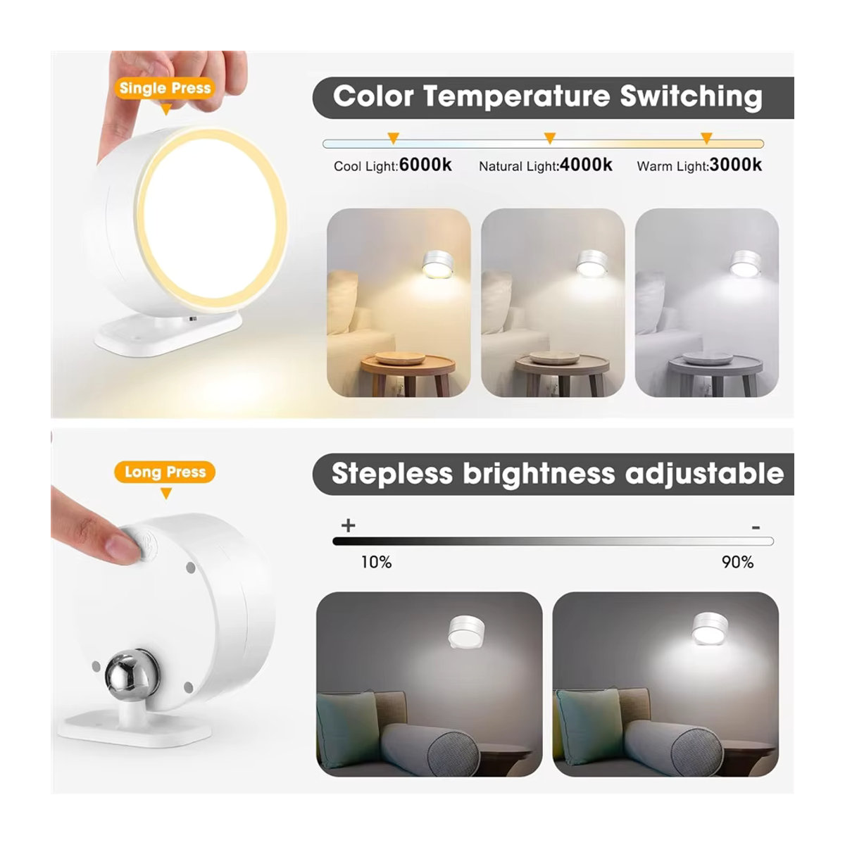 DBF LED-Wandleuchte Schwarz minimalistisch mit Fernbedienung, kabellos und magnetisch, USB-wiederaufladbar, 3 Farben dimmbar - Bild 4
