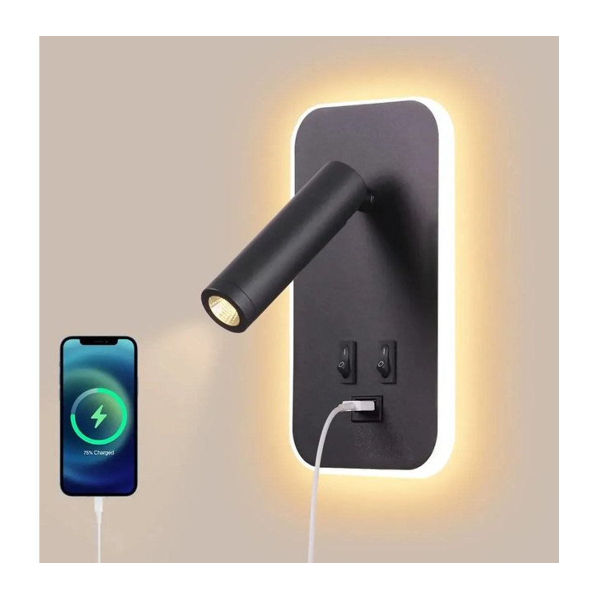 DBF LED Wandleuchte Schwarz Minimalistisch mit Schalter und USB-Anschluss als drehbarer Nachttisch-Strahler - Bild 1