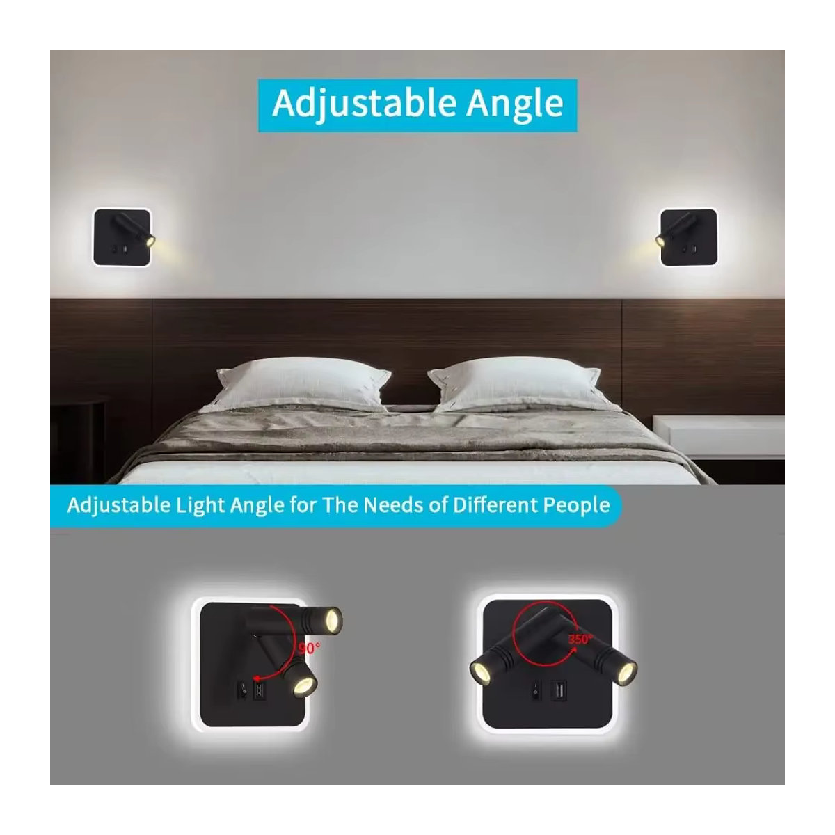 DBF LED Wandleuchte Schwarz Minimalistisch mit Schalter und USB-Anschluss als drehbarer Nachttisch-Strahler - Bild 2
