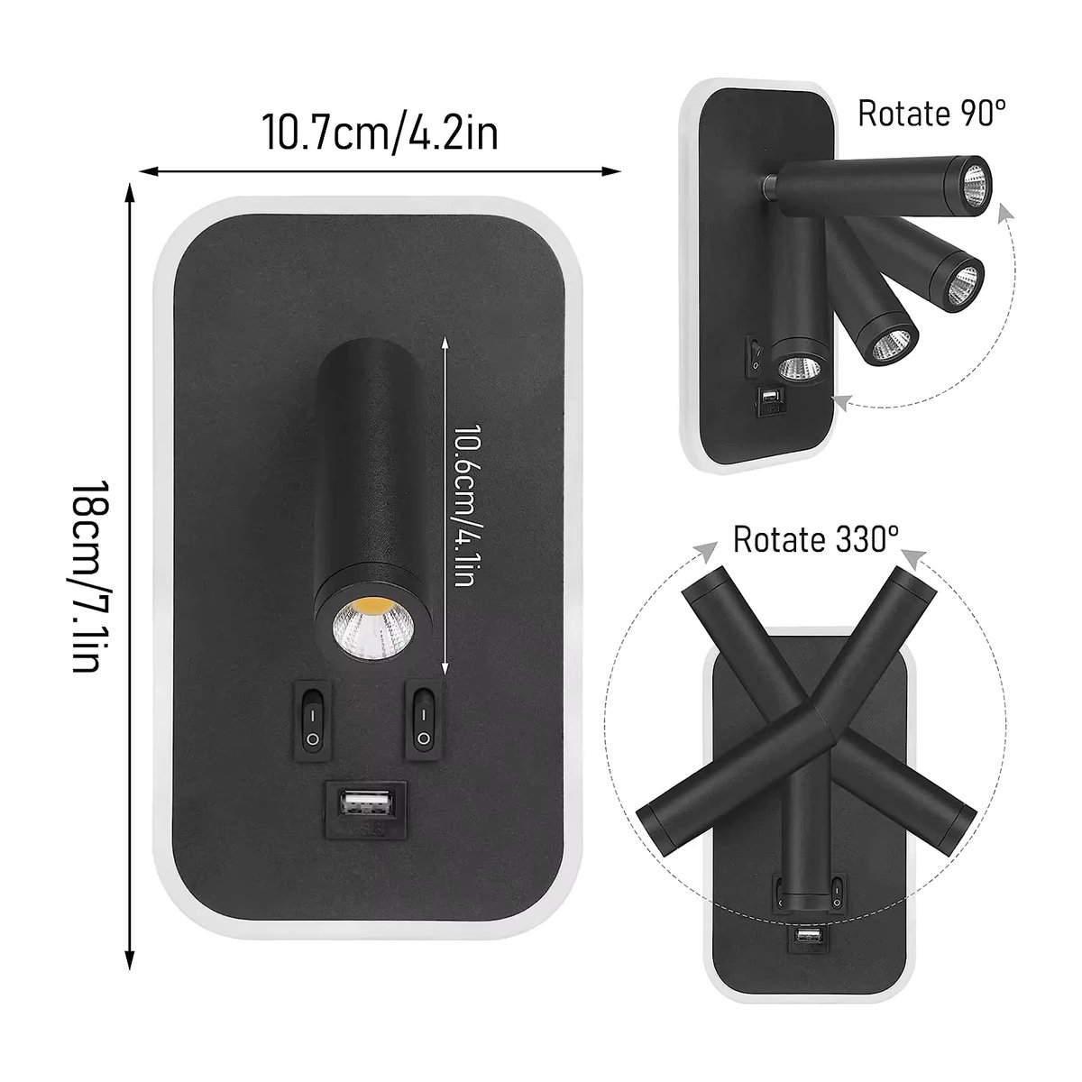 DBF LED Wandleuchte Schwarz Minimalistisch mit Schalter und USB-Anschluss als drehbarer Nachttisch-Strahler - Bild 3