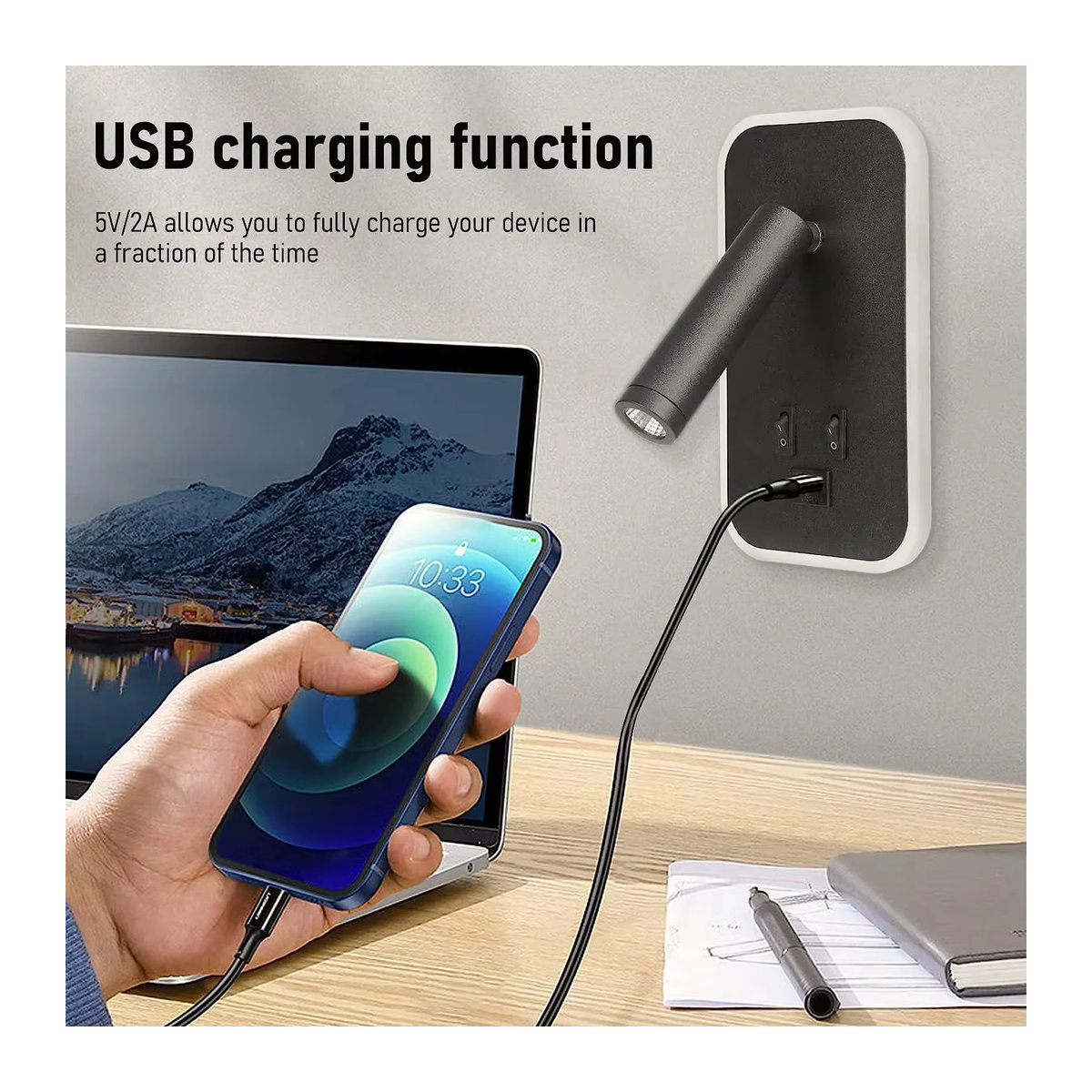DBF LED Wandleuchte Schwarz Minimalistisch mit Schalter und USB-Anschluss als drehbarer Nachttisch-Strahler - Bild 5