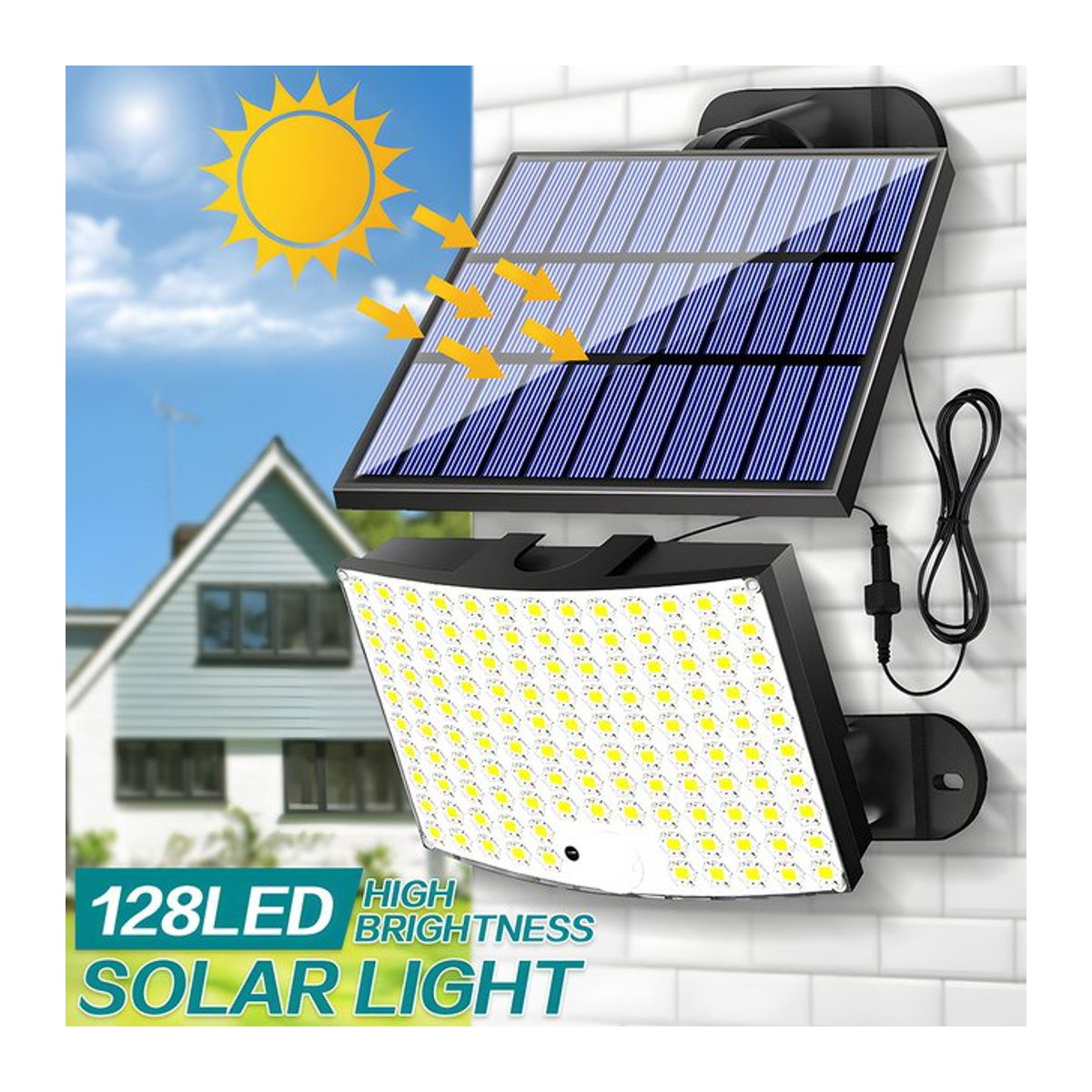 DBF Solar-Außenbewegungsleuchte mit 128 LEDs in Schwarz, wasserdichter Solar-Außenstrahler mit 3 Modi für Garten, Terrasse und Garage - Bild 1