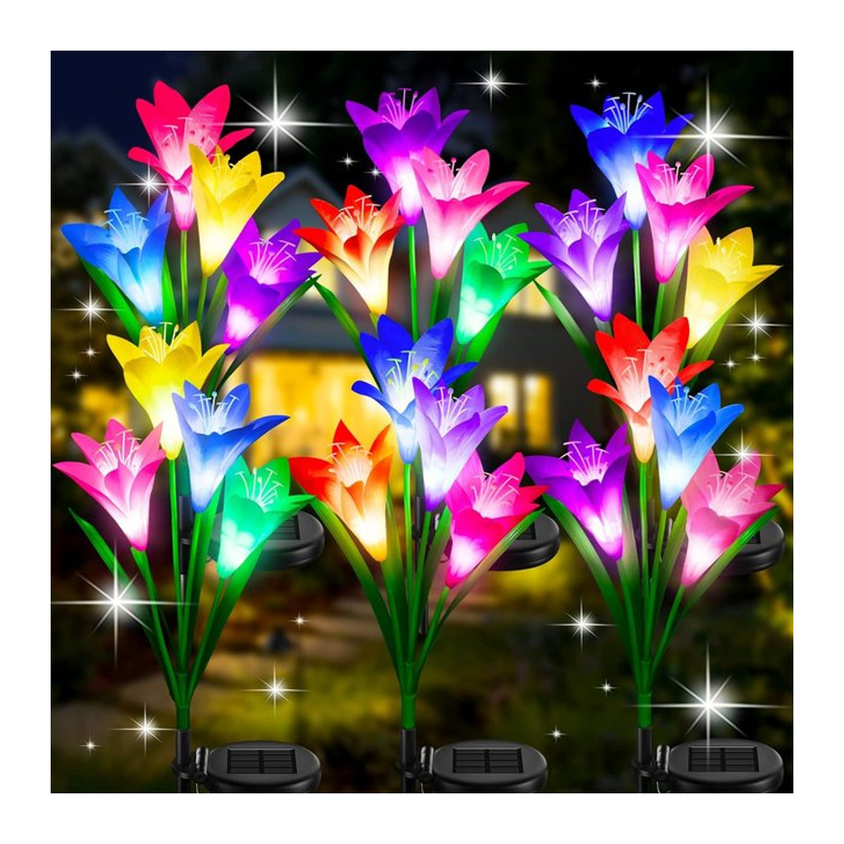 DBF Solar-Lilien-Blumenlicht mit 7 Farbwechseln, wasserdichte Solar-Wegeleuchte für Garten und Außenbereich, Bunt - Bild 1