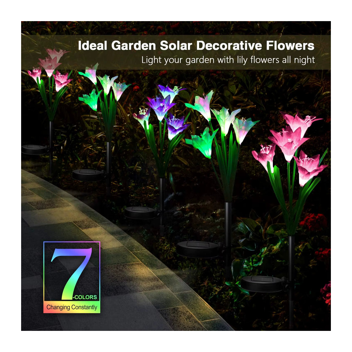 DBF Solar-Lilien-Blumenlicht mit 7 Farbwechseln, wasserdichte Solar-Wegeleuchte für Garten und Außenbereich, Bunt - Bild 6