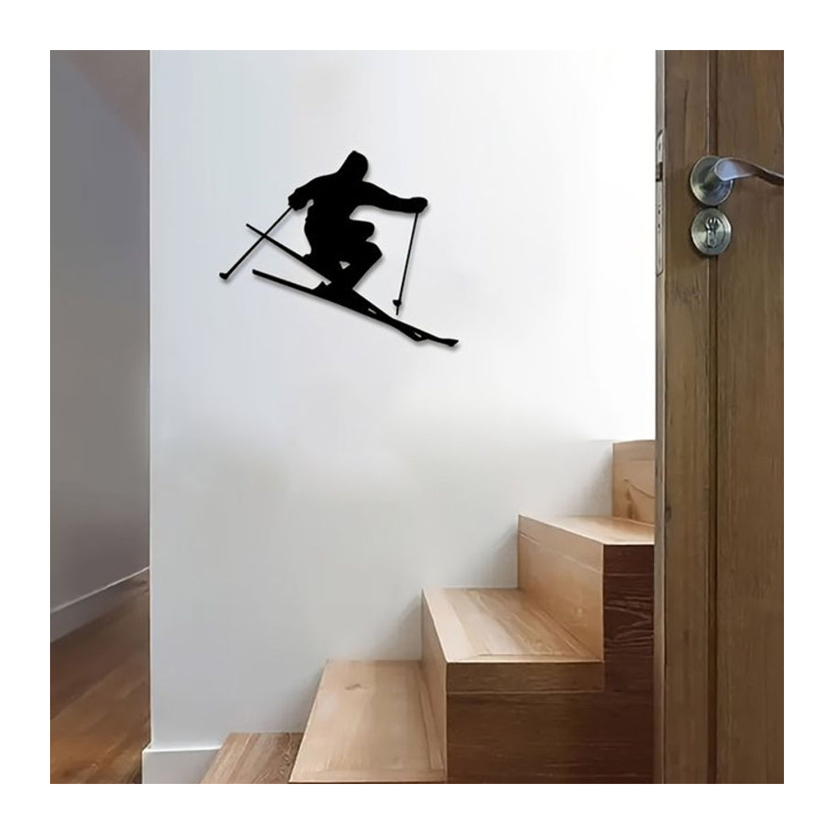 DDPNKL Art Deco Skifahren Metall Wandkunst Schwarz – Dynamische Ski-Silhouette als Wanddekoration - Bild 1