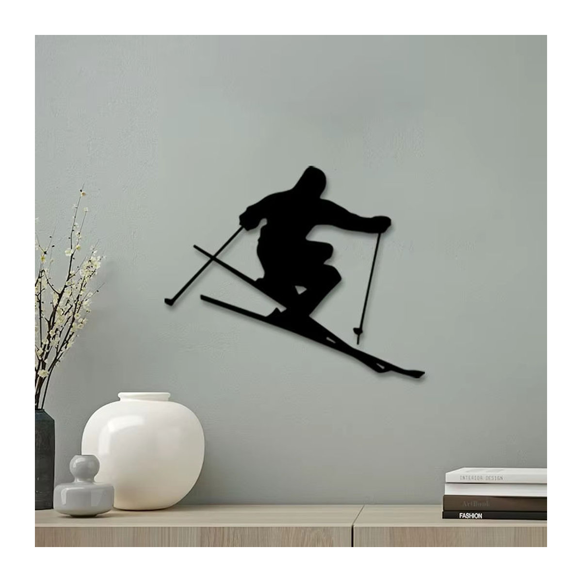 DDPNKL Art Deco Skifahren Metall Wandkunst Schwarz – Dynamische Ski-Silhouette als Wanddekoration - Bild 4