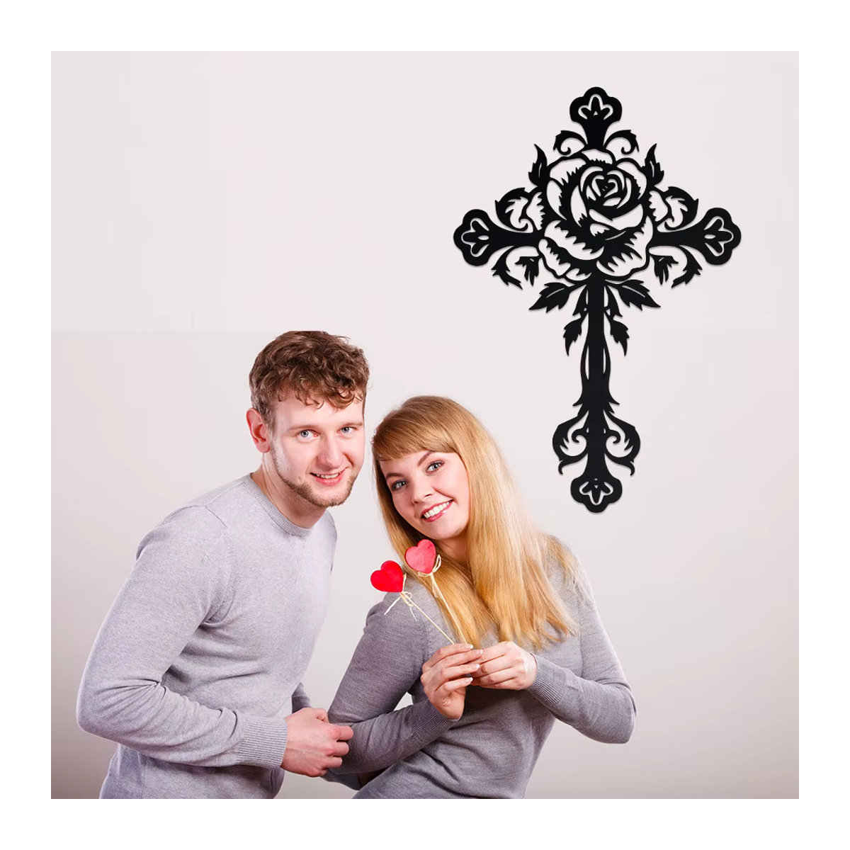 DDPNKL Christliches Metallkreuz als Wanddekoration in Schwarz mit floralem Design - Bild 3