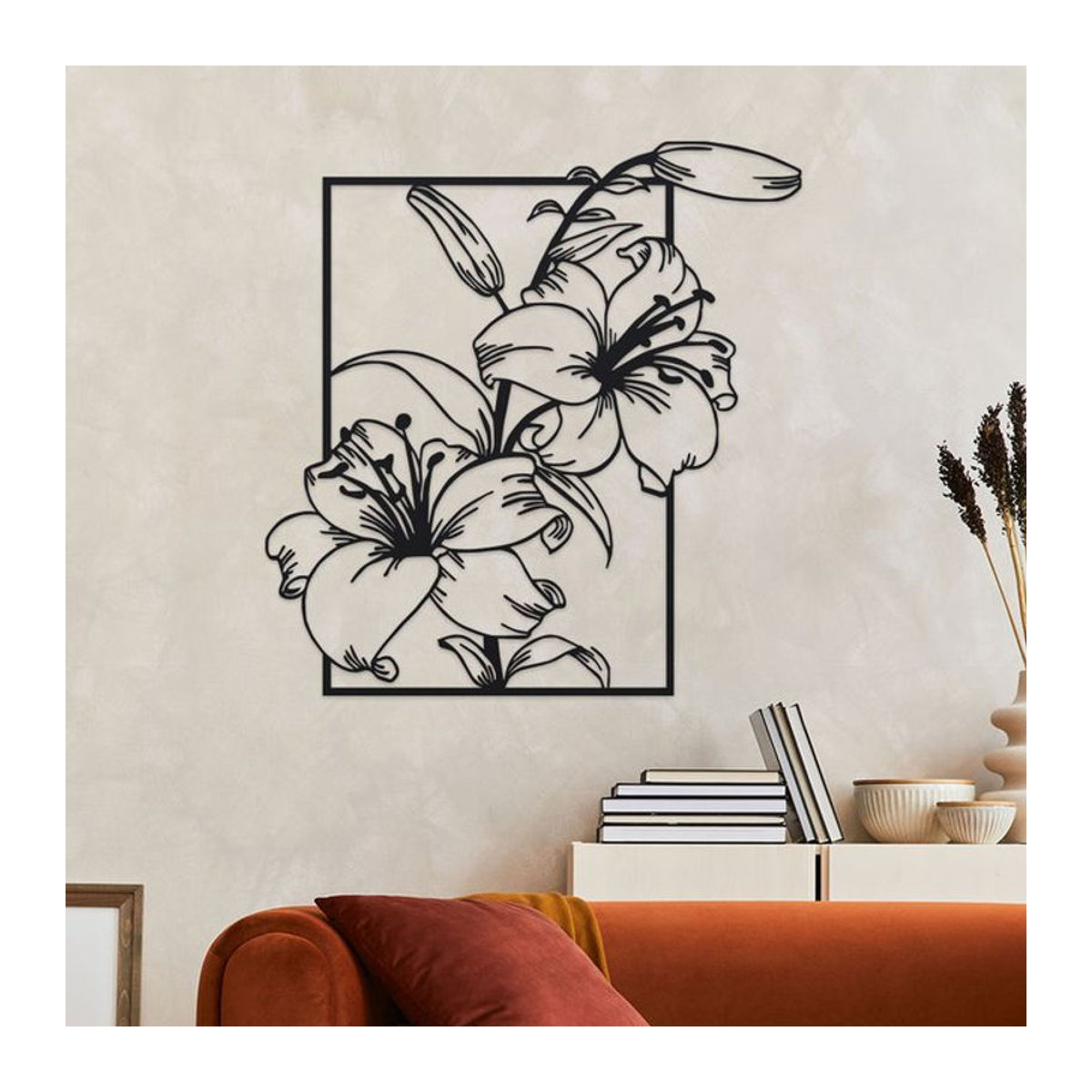 DDPNKL Metall-Wandkunst Eisenlilie in Schwarz, minimalistische florale Wanddekoration als hängendes Line-Art-Schild - Bild 1