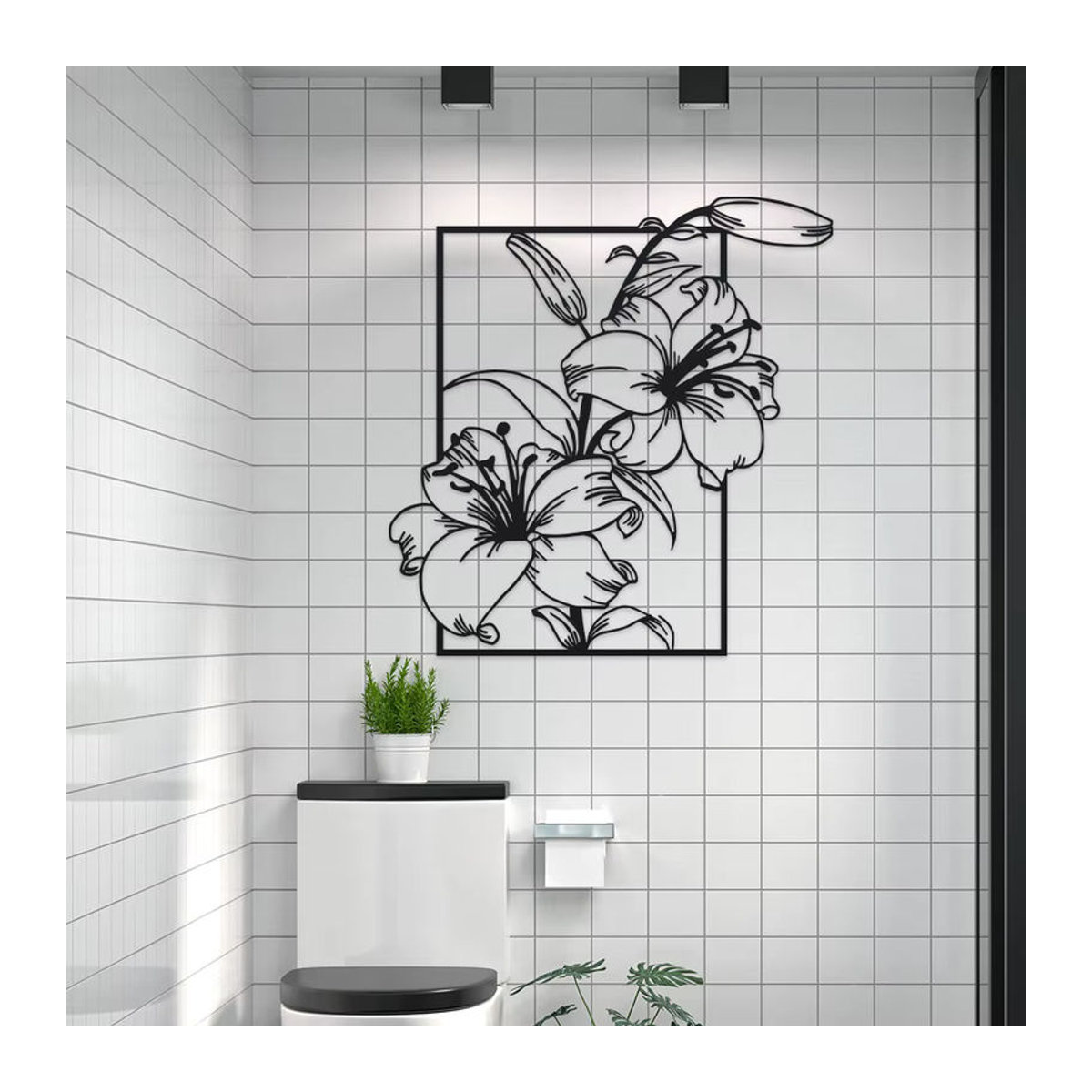 DDPNKL Metall-Wandkunst Eisenlilie in Schwarz, minimalistische florale Wanddekoration als hängendes Line-Art-Schild - Bild 6
