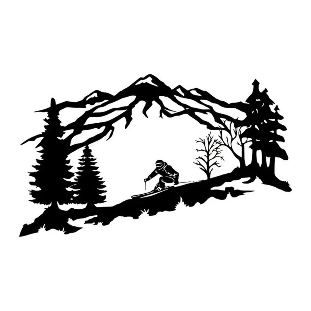 DDPNKL Metall-Wandkunst Skifahrer mit Berg- und Baum-Motiv in Schwarz - Bild 1