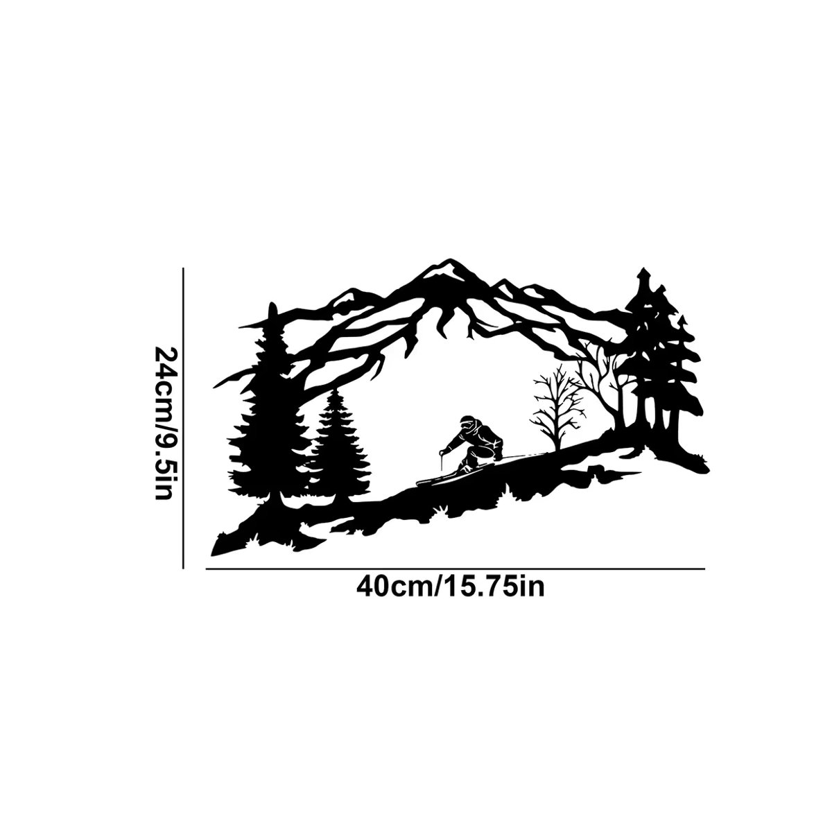 DDPNKL Metall-Wandkunst Skifahrer mit Berg- und Baum-Motiv in Schwarz - Bild 2