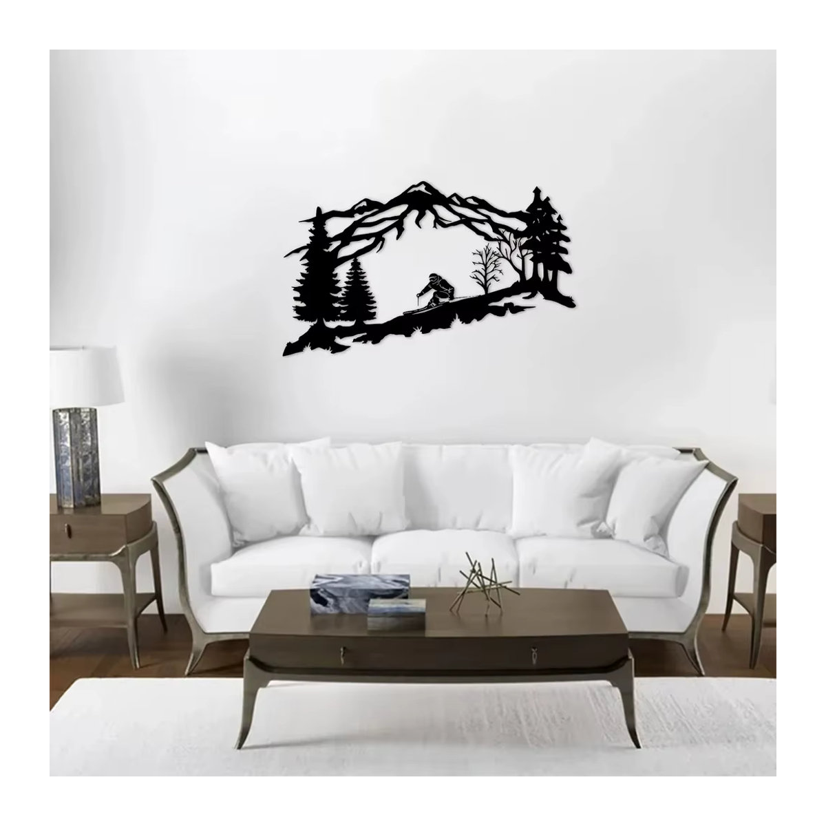 DDPNKL Metall-Wandkunst Skifahrer mit Berg- und Baum-Motiv in Schwarz - Bild 3