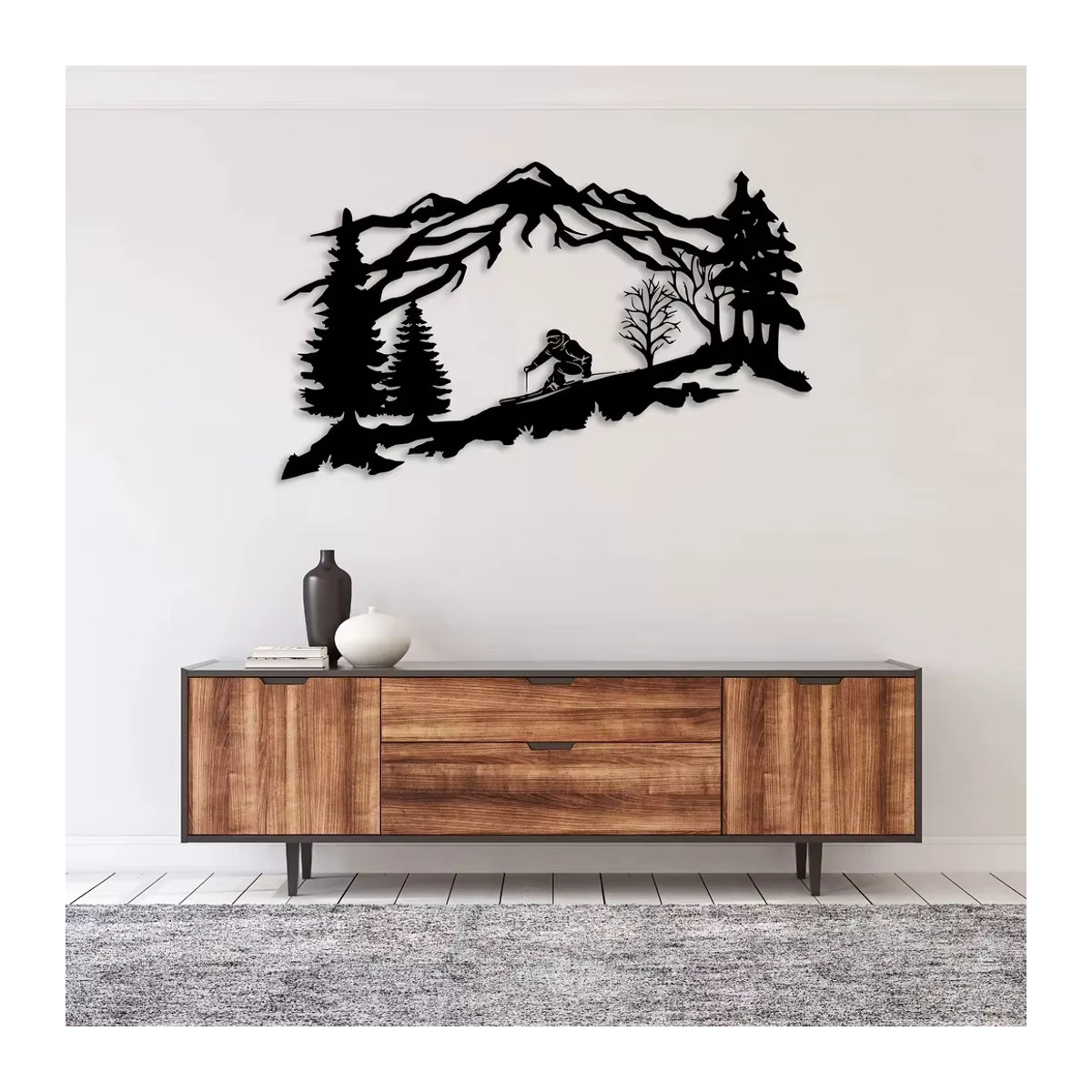 DDPNKL Metall-Wandkunst Skifahrer mit Berg- und Baum-Motiv in Schwarz - Bild 4