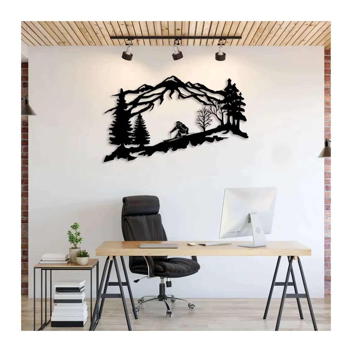 DDPNKL Metall-Wandkunst Skifahrer mit Berg- und Baum-Motiv in Schwarz - Bild 5