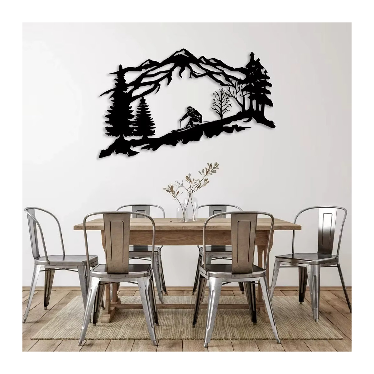 DDPNKL Metall-Wandkunst Skifahrer mit Berg- und Baum-Motiv in Schwarz - Bild 6