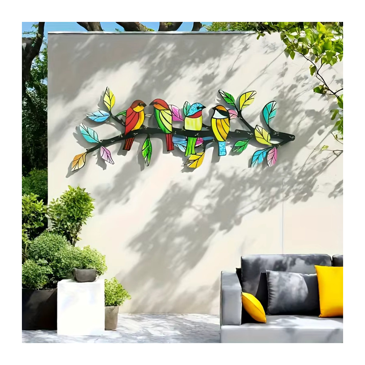 DDPNKL Metall-Wandkunstwerk mit Vogel und Ästen in Mehrfarbig, Wandmontierte Dekoration für Wohnzimmer und Terrasse - Bild 5