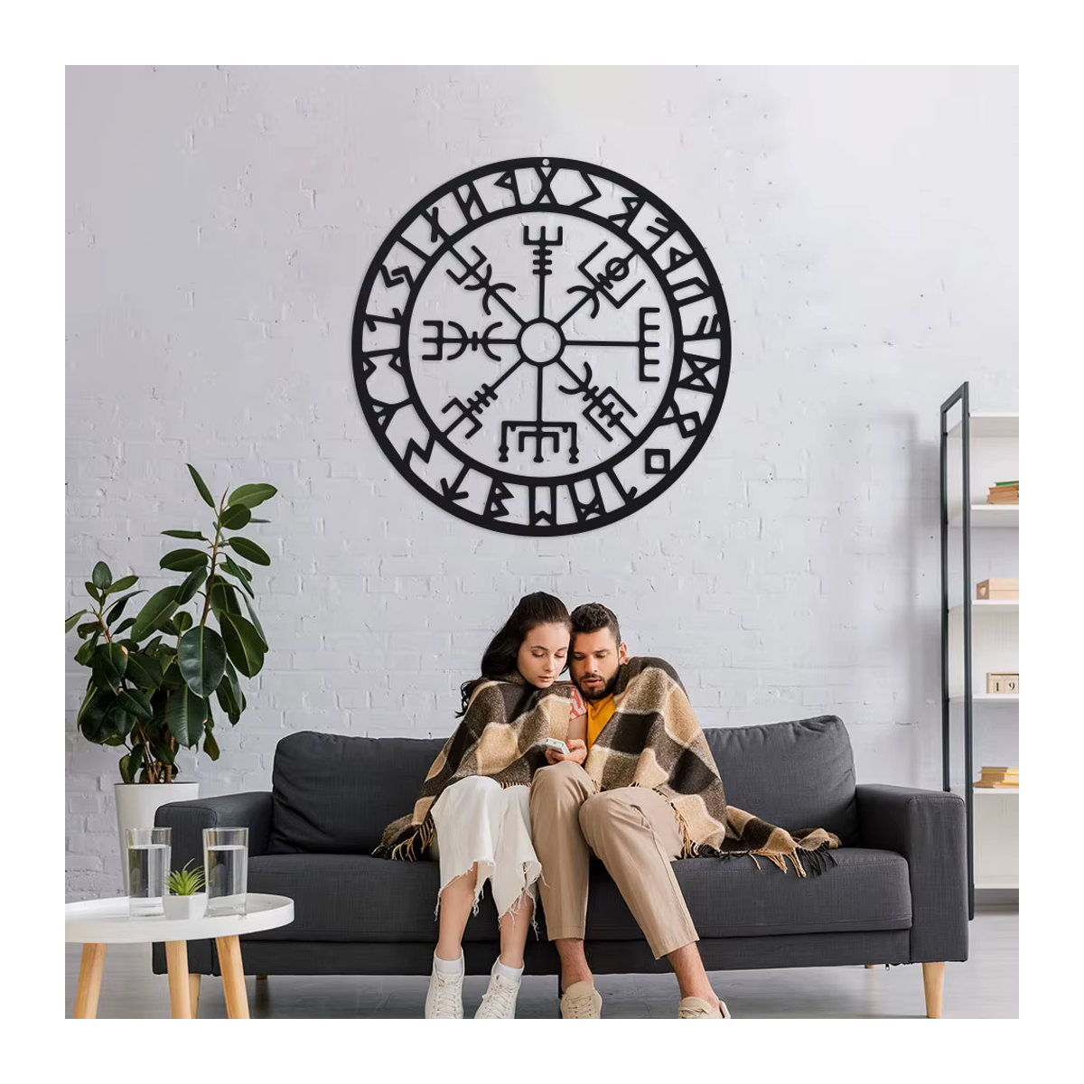 DDPNKL Metall-Wikinger Wanddekoration Kompass in Schwarz, Nordische Wandkunst für Wohnzimmer und Schlafzimmer - Bild 5