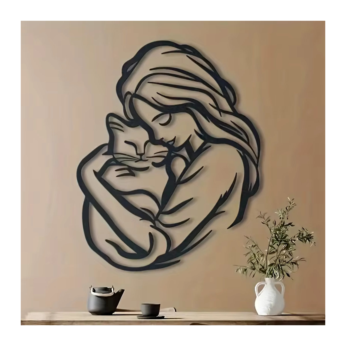 DDPNKL Metallwandkunst Schwarz – Minimalistische Wanddekoration mit Frau und Katzensilhouette zur Wandmontage - Bild 2