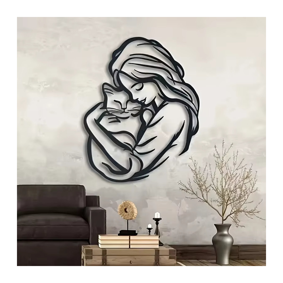 DDPNKL Metallwandkunst Schwarz – Minimalistische Wanddekoration mit Frau und Katzensilhouette zur Wandmontage - Bild 4