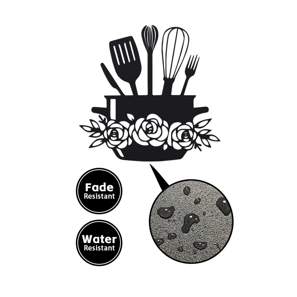 DDPNKL Rustikale Küchen-Wandkunst aus Metall in Schwarz – Dekoratives Hängendes Wandbild mit Kochutensilien und floralen Elementen - Bild 2