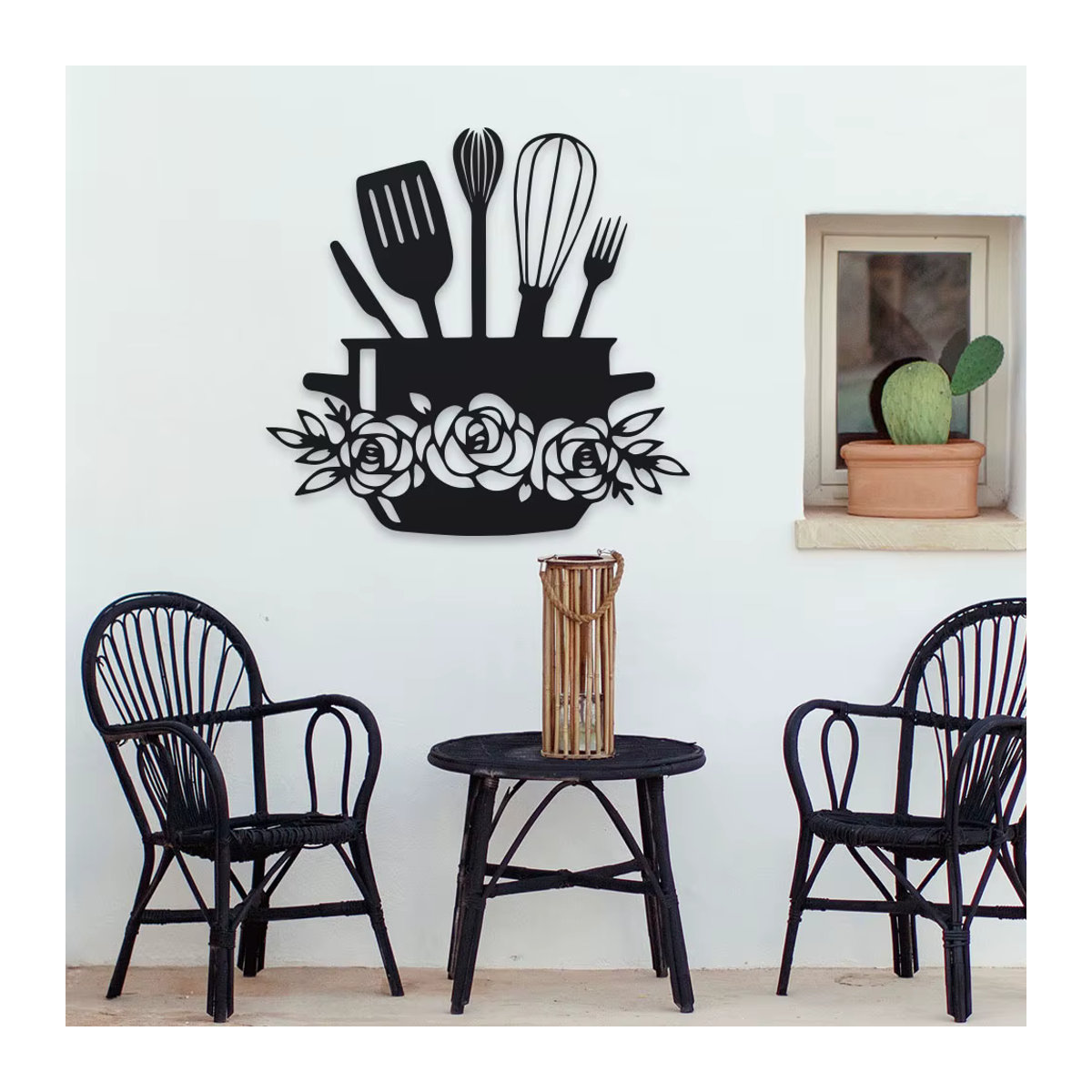 DDPNKL Rustikale Küchen-Wandkunst aus Metall in Schwarz – Dekoratives Hängendes Wandbild mit Kochutensilien und floralen Elementen - Bild 3