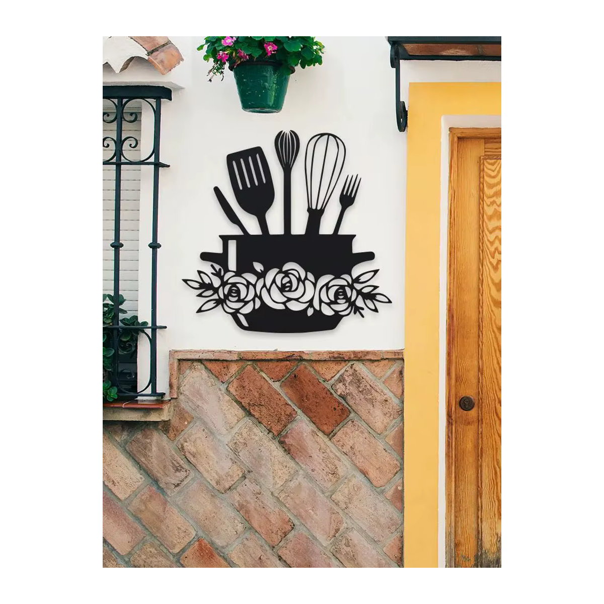 DDPNKL Rustikale Küchen-Wandkunst aus Metall in Schwarz – Dekoratives Hängendes Wandbild mit Kochutensilien und floralen Elementen - Bild 7