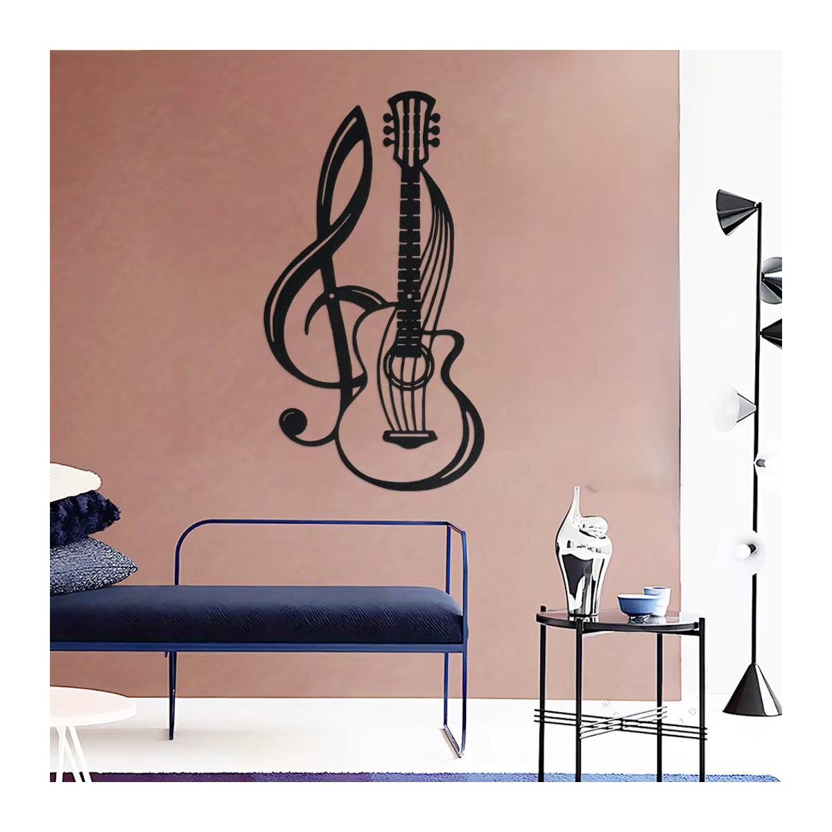 DDPNKL Wandkunst aus Metall in Form eines Violinschlüssels und einer Gitarre, Schwarz, minimalistisches Design für die Wandmontage - Bild 2