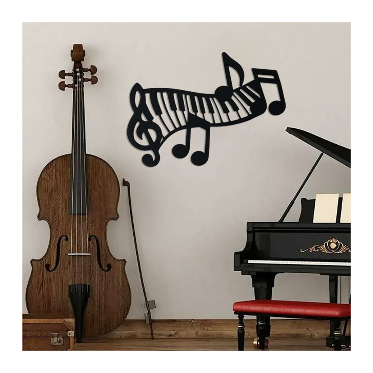 DDPNKL Wandkunst aus Metall in Schwarz mit Klavier und Musiknoten im modernen abstrakten Design - Bild 1