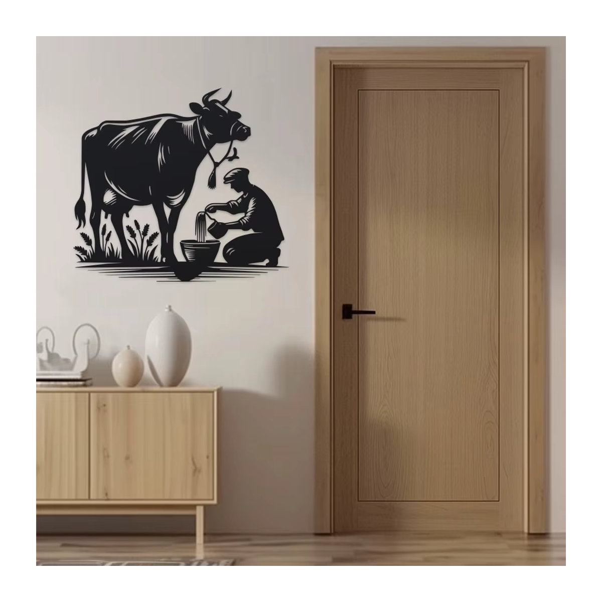 DDPNKL Wandkunst aus Metall in Schwarz, Rustikales Bauernhaus-Wanddekor mit Kuh- und Bauer-Silhouette im Vintage-Stil - Bild 4