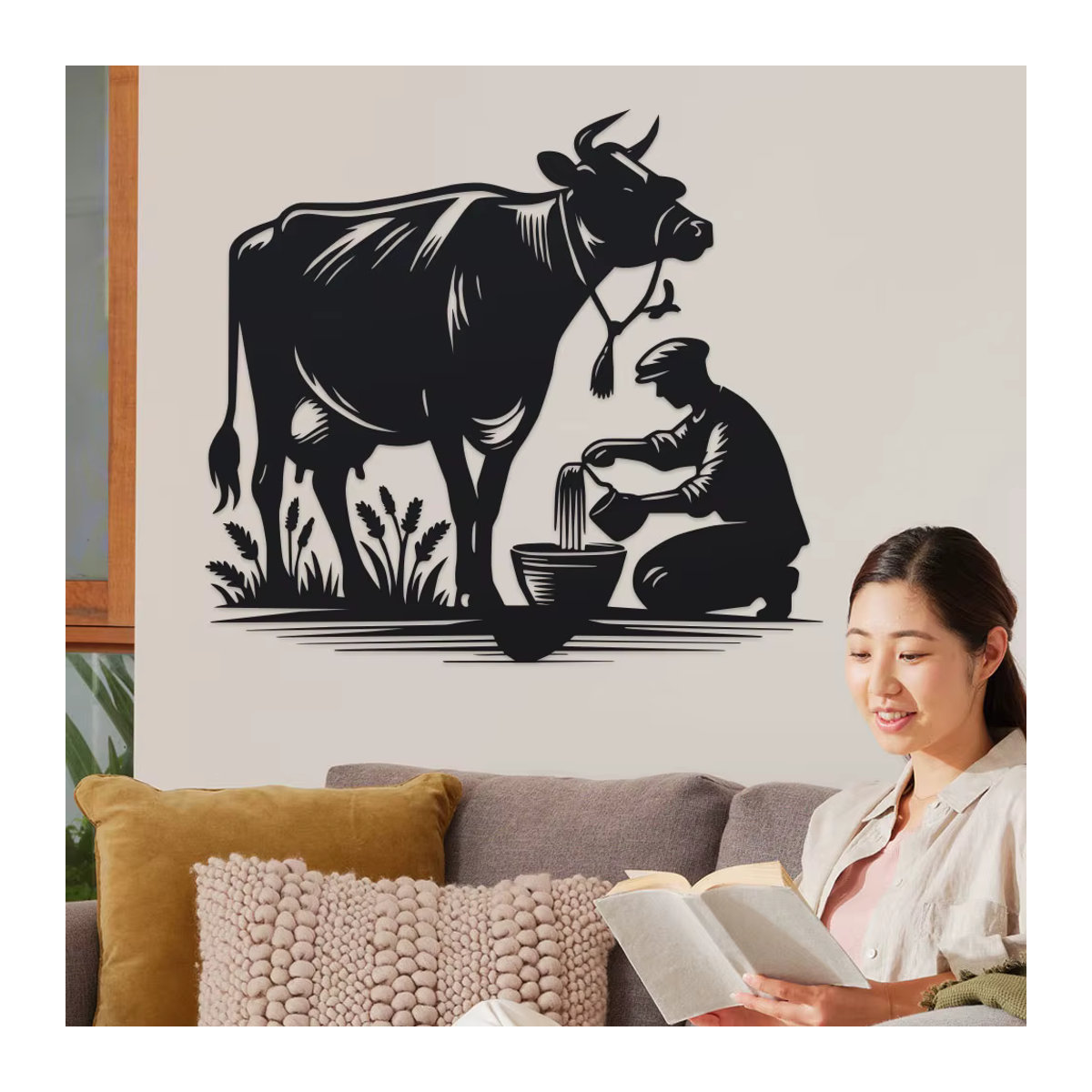 DDPNKL Wandkunst aus Metall in Schwarz, Rustikales Bauernhaus-Wanddekor mit Kuh- und Bauer-Silhouette im Vintage-Stil - Bild 5