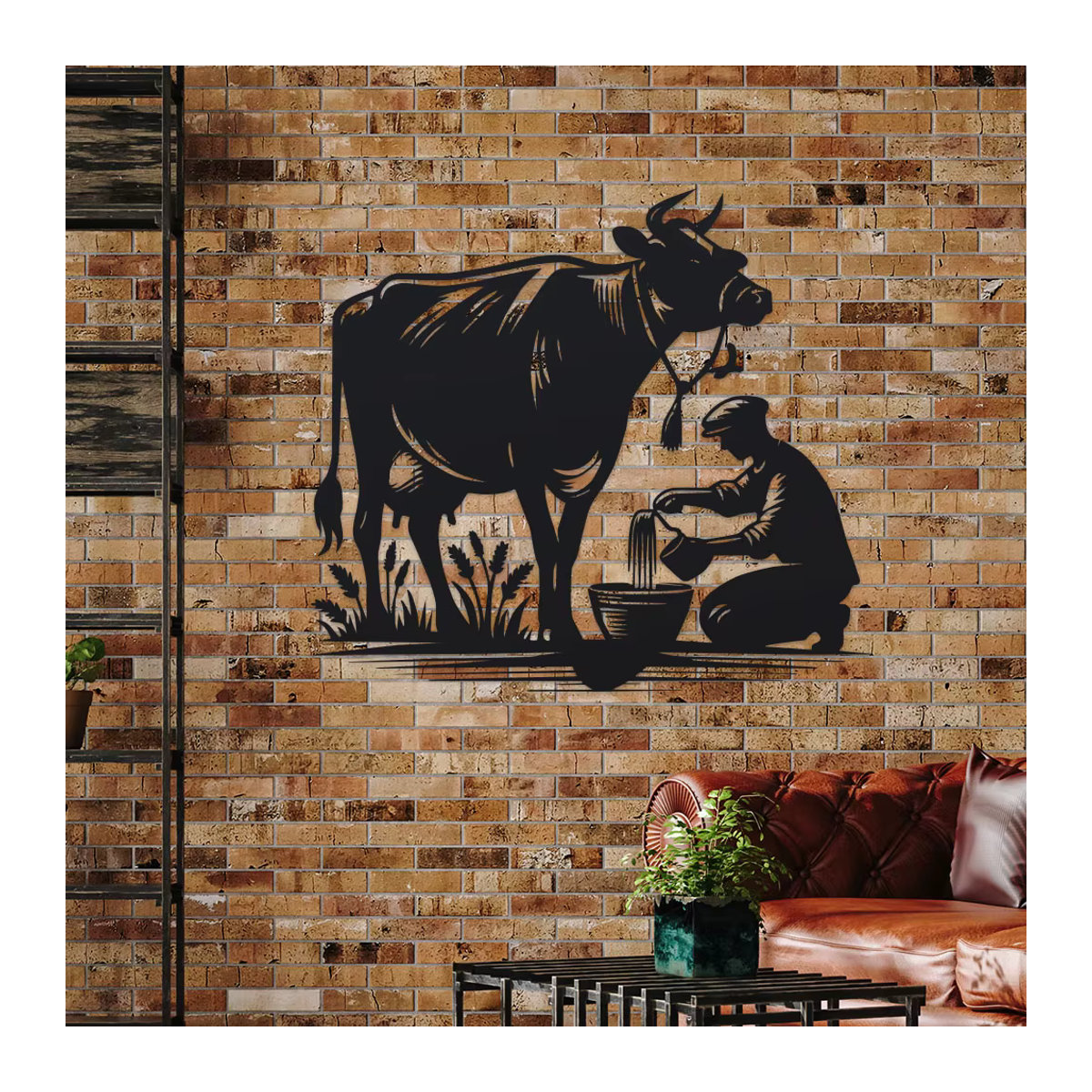 DDPNKL Wandkunst aus Metall in Schwarz, Rustikales Bauernhaus-Wanddekor mit Kuh- und Bauer-Silhouette im Vintage-Stil - Bild 6