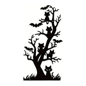 DDPNKL Wandskulptur aus Metall im Art Déco-Stil mit Katzen, Fledermäusen und Spinnennetz in Schwarz für Halloween-Dekoration
