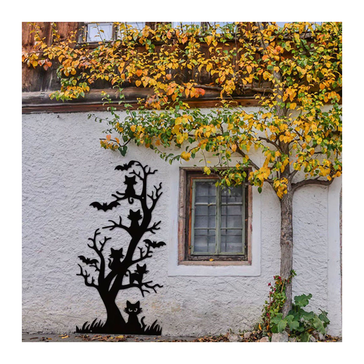 DDPNKL Wandskulptur aus Metall im Art Déco-Stil mit Katzen, Fledermäusen und Spinnennetz in Schwarz für Halloween-Dekoration - Bild 2