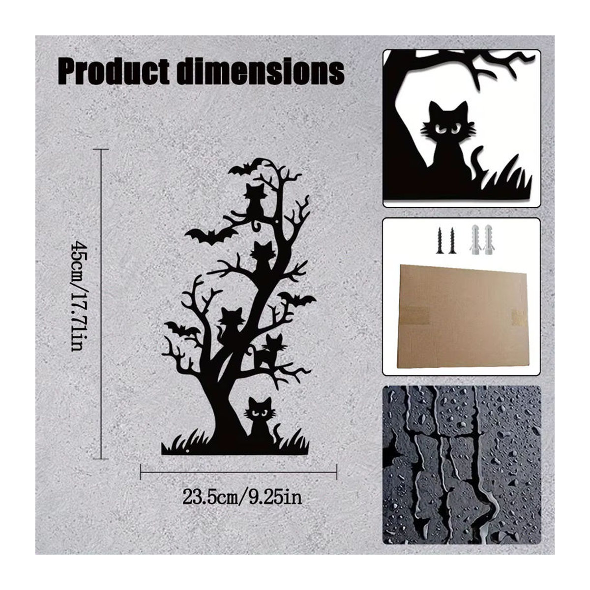 DDPNKL Wandskulptur aus Metall im Art Déco-Stil mit Katzen, Fledermäusen und Spinnennetz in Schwarz für Halloween-Dekoration - Bild 4