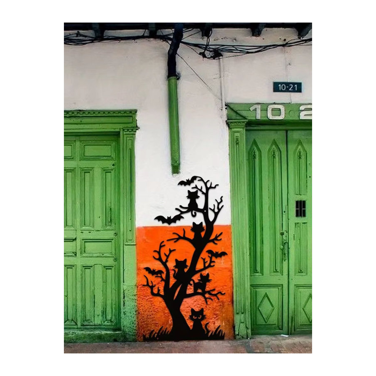 DDPNKL Wandskulptur aus Metall im Art Déco-Stil mit Katzen, Fledermäusen und Spinnennetz in Schwarz für Halloween-Dekoration - Bild 7