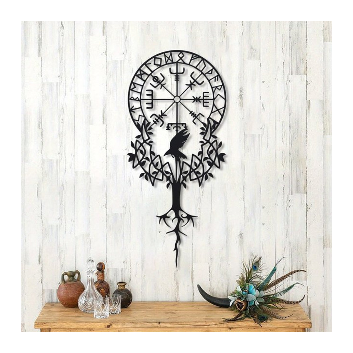 DDPNKL Wikinger-Wandkunst Vegvisir-Kompass aus Metall in Schwarz, Nordisches Dekor Wandmontiert, Durchmesser: 40 cm - Bild 1
