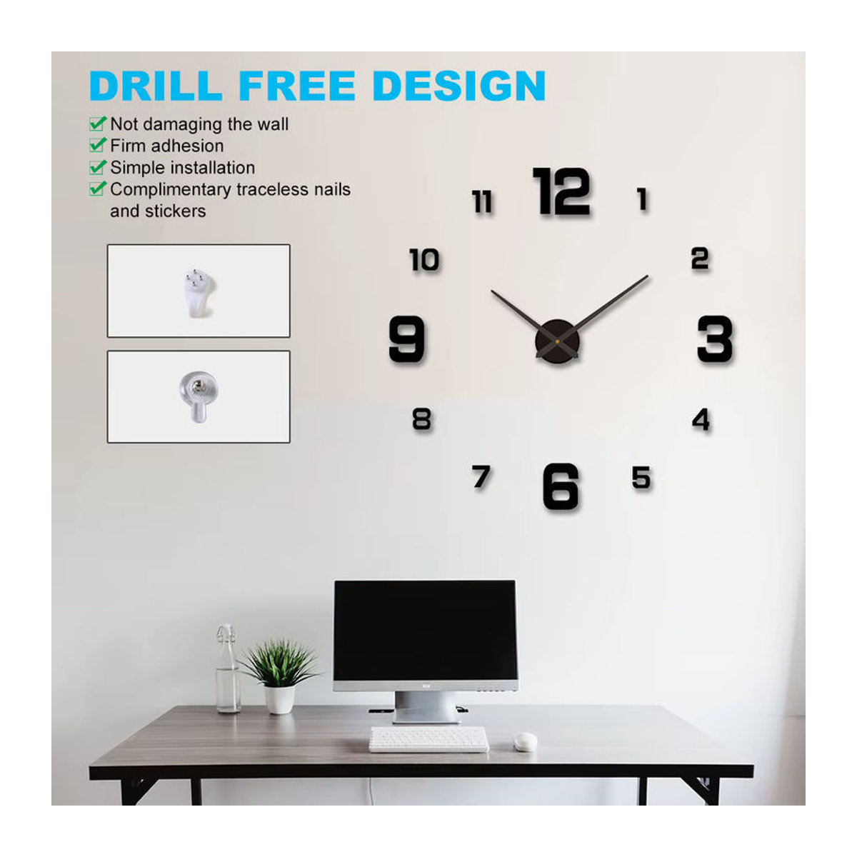 DECDEAL 3D-DIY-Wanduhr modern in Schwarz mit leuchtendem Zifferblatt und geräuschlosem Analog-Uhrwerk aus Kunststoff - Bild 5