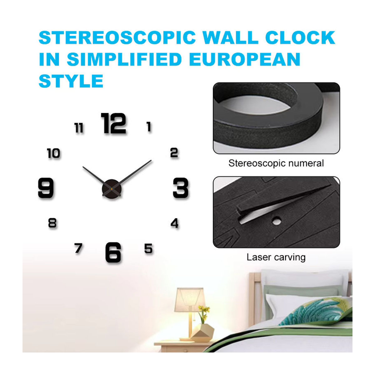 DECDEAL 3D-DIY-Wanduhr modern in Schwarz mit leuchtendem Zifferblatt und geräuschlosem Analog-Uhrwerk aus Kunststoff - Bild 6