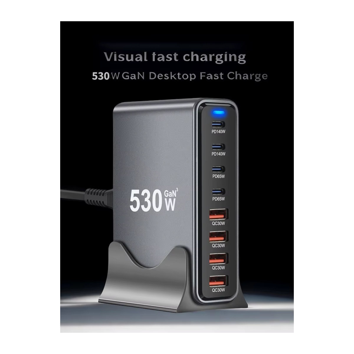 Deepartner 530W GaN Multi-Port USB-Schnellladegerät Desktop-Ladestation in Grau - Bild 2