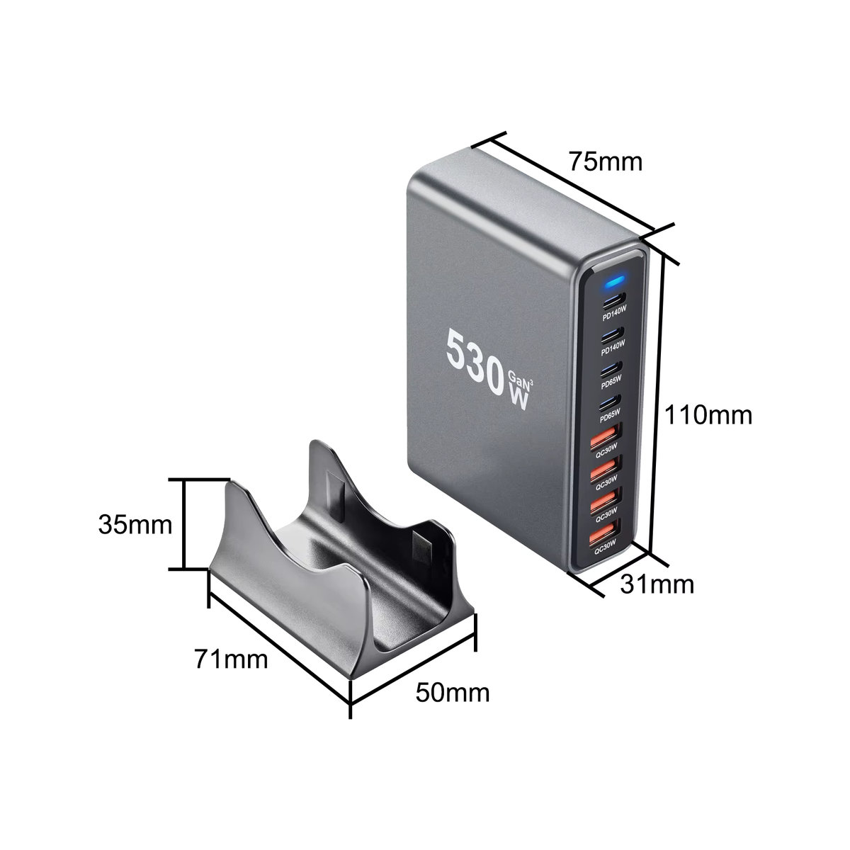 Deepartner 530W GaN Multi-Port USB-Schnellladegerät Desktop-Ladestation in Grau - Bild 5