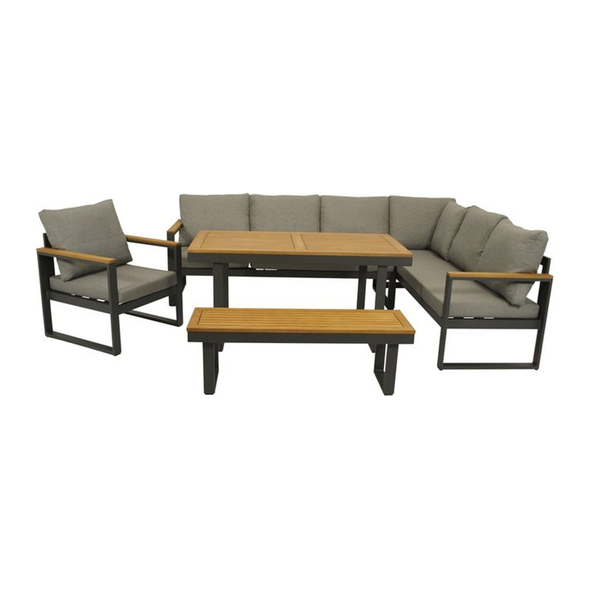 DEGAMO KAMPALA Eckbankgruppe 4-teiliges Gartenmöbel-Set aus Aluminium und Akazie in Anthrazit mit grauen Polstern - Bild 1