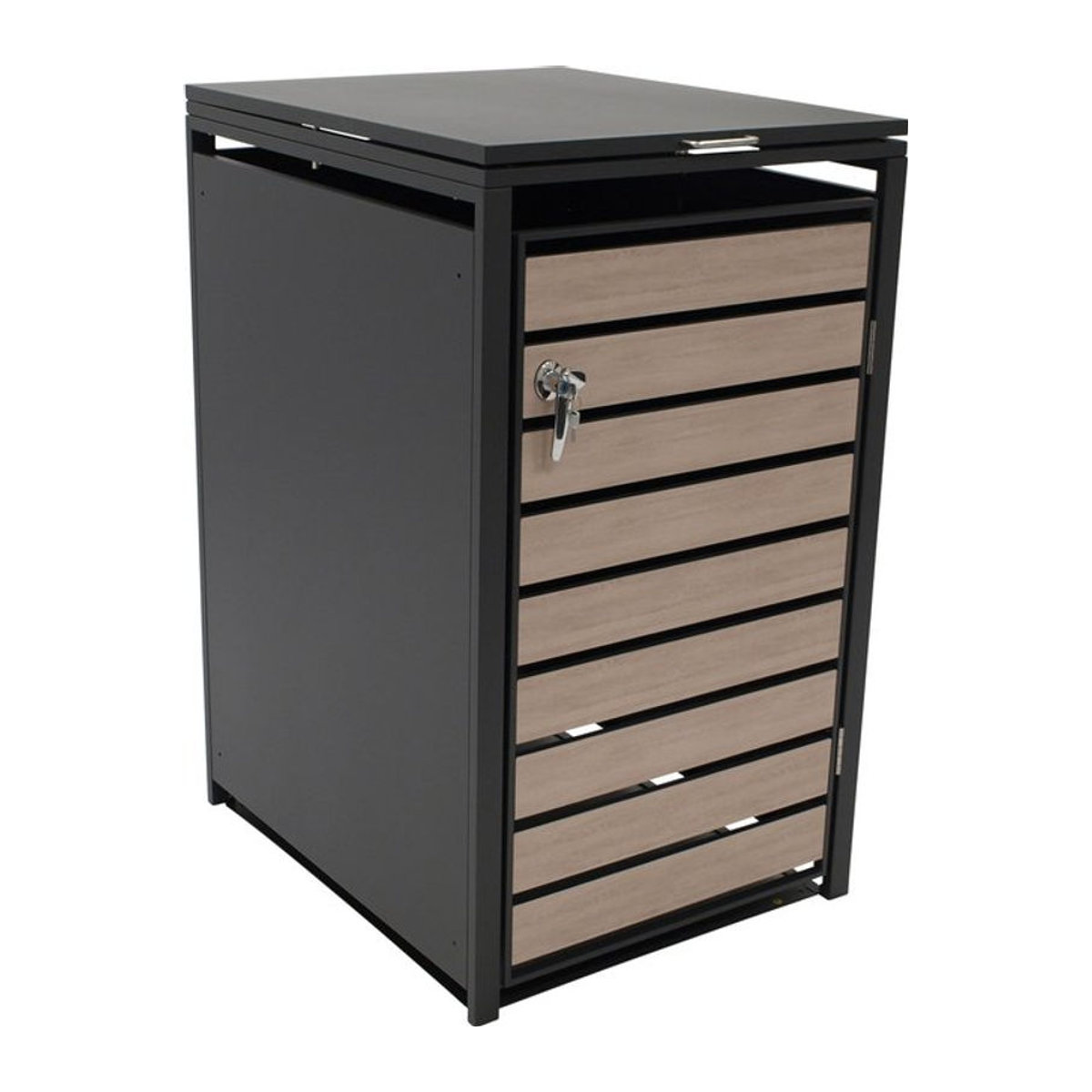 DEGAMO Mülltonnenbox aus Stahl in Anthrazit mit Türen in Holzoptik für 120 und 240 Liter Tonnen, H x B x T: 116 x 68 x 80 cm - Bild 1